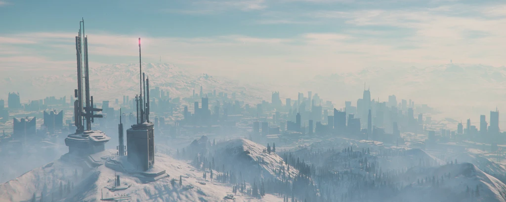 Snowy landscape of microTech, with tall towers overlooking New Babbage.