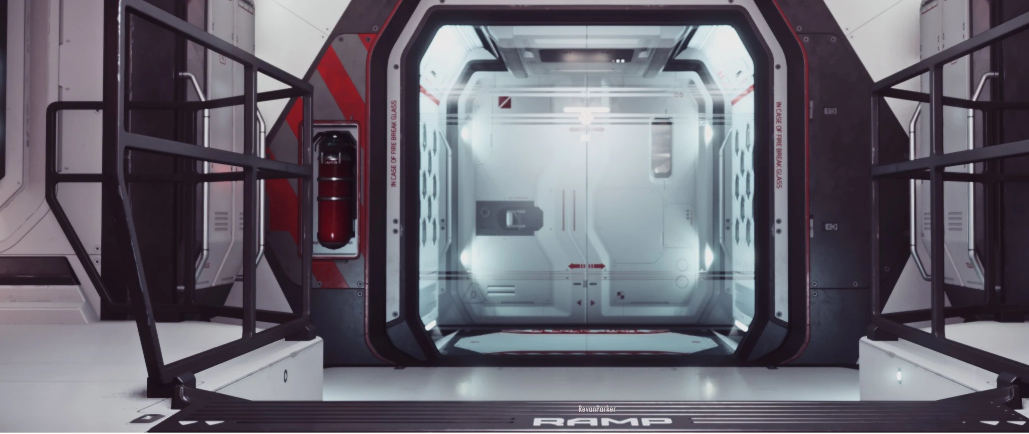 Airlock with an open door and red markings.