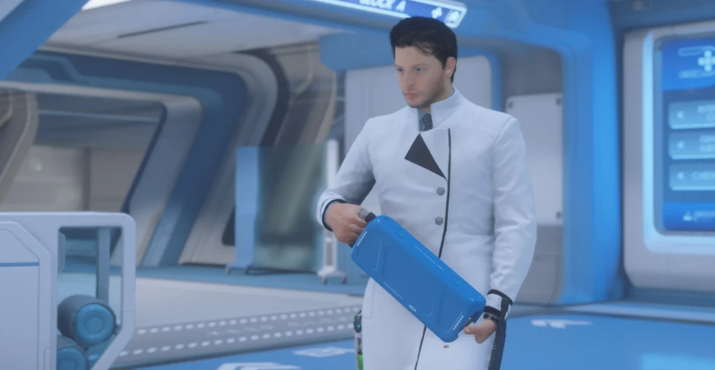 Physician carrying a MedGel canister through New Babbage's Brenthworth Care Center