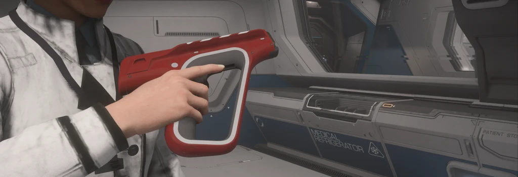Person in white lab coat holding a red ParaMed Medical Device.