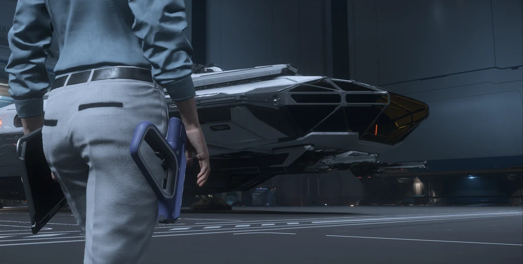 Person in formal clothing walking up to an RSI Apollo Medivac mobile hospital rescue spaceship